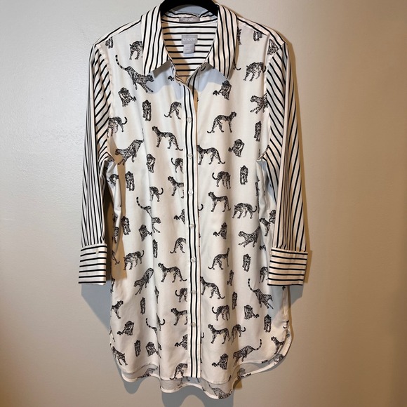 Chicos Chic‎ Stretch No Iron Cheetah Print Button Down Tunic Size 2/Large/12 - Picture 3 of 15